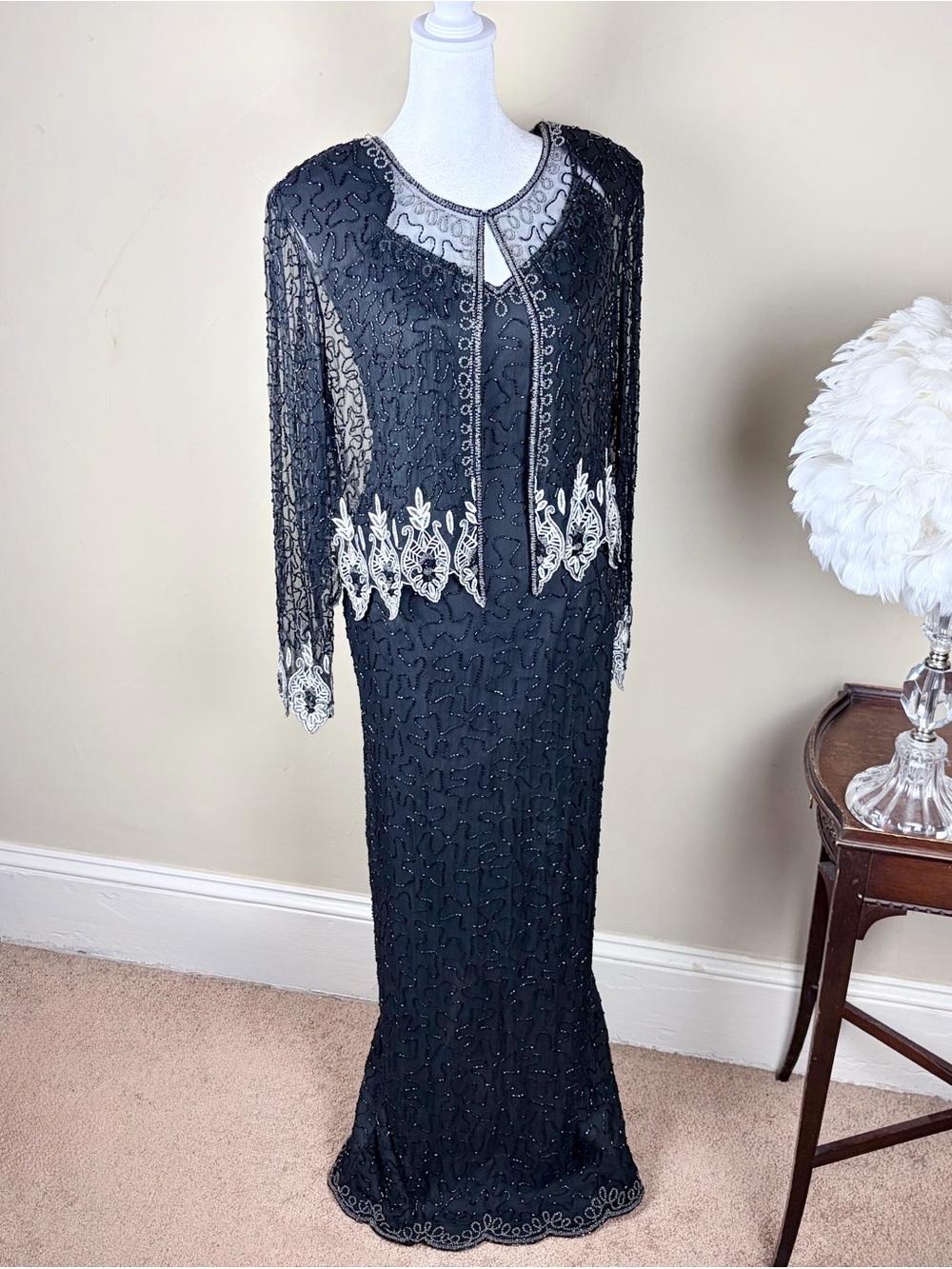 Vintage 100% Silk Stenay Black Beaded Dress Size 10 with Embroidered Jacket Gala